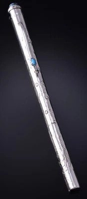 Silver & Turquoise Navajo Handmade Stamped Pen Sleeve by J 5D07N