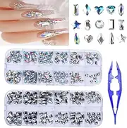 18 Styles Multi-Shaped Glass Gemstones for Nails and 6 Sizes Round Crystal Rhinestones Kit, Iridescent AB Nail Art Charm Bead Manicure Decoration with Pickup Tweezer