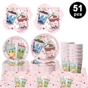 Boba Tea Theme Party Tableware 10 Guest Pack Plates Cups Napkins Tablecloth