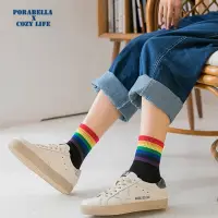 在飛比找momo購物網優惠-【Porabella】日系中筒襪女 彩虹襪 彩虹中筒襪 撞色