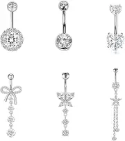 [L0famy] 6 Pcs Belly Button Bars, 10mm Silver Stainless Steel Button Piercing Rings, Hypoallergenic Belly Navel Button-Rings, Flower Butterfly Tassel Heart Piercing Jewellery, Multiple Size, Metal, No