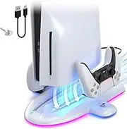 Cooling Fan Stand Compatible with PS5 Slim Console Digital/Disc - Controller Charger with 9 RGB Lights