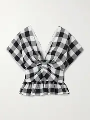 [Sea] Sea - Gathered Gingham Cotton-poplin Peplum Top - Multi - US0 US 0 Multi