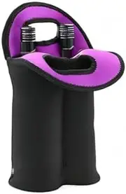 [Generic] 2PCS Wine Carrier Tote Bag Two Bottle Insulated Neoprene Wine/Water Bottle Holder for Travel with Secure Carry Handle (Black+Purple, 23 * 28CM)