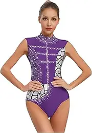 [FEESHOW] Women Ballet Leotard with Rhinestones Sleeveless Gymnastics Bodysuit Backless Ballet Dance Body Figure Skating Competition