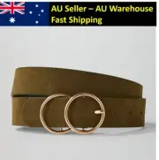 Women PU Leather Suede Olive Waist Belt Classic Gold Double O Ring Circle Buckle