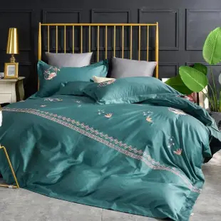 【Betrise】瓔珞綠 莫蘭迪系列 加大頂級300織100%精梳長絨棉素色刺繡四件式被套床包組