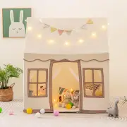 CostwayKids Play Castle Tent with Star Lights and Washable Velvet Mat-Brown