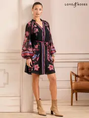 Love & Roses Black Floral Mini Shirt Dress (AL4546) | $136