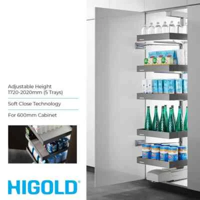 Shearer Pull Out Tower Pantry Unit - 600mm Cabinet - Adjustable Height 5 Trays