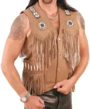 Men Western Cowhide Leather Vest Native American Beaded Fringe Cowboy Vest