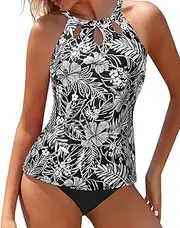 [Yonique] Two Piece High Neck Tankini Swimsuits for Women Tummy Control Bathing Suits Floral Print Swimwear
