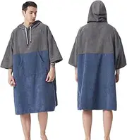 Color Blocking Surf Poncho Changing Towel,3/4 Sleeve Changing Robe with Hood for Surfing Swimming Water Sports(Grey+Navy)