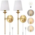Dimmable Plug in Wall Sconces Set of 2, Gold Bedside Wall Lamp with Knob Dimm...