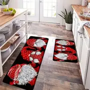 2Pcs Set Christmas Gnome Kitchen Rugs and Mats Non Slip Christmas Faceless Gnome Floor Mat for Bedroom Bathroom