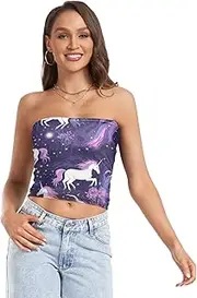 [RPLIFE] Cute Unicorns Purple Crop Top Strapless Tops Women, Sheer Tube Tops, Coastal Summer Clothes (S)