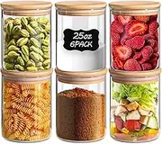 ComSaf 25oz Glass Food Storage Jars with Lid Set of 6, 750ml Airtight Clear Glass Canister with Bamboo Lids, Pantry Storage Containers for Spice, Tea, Coffee, Sugar, Small Containers for Kitchen