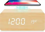 fomobest Wooden Alarm Clock with Wireless Charging for iPhone Samsung, Wood Digital LED Desk Clock for Bedroom, 3 Alarm Settings, Sound Control, Adjustable Brightness, Time Temperature (Bamboo)