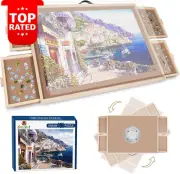 2-in-1 Jigsaw Puzzle Board Tilting Rotating Wooden Table with 4 Drawers Cover Po