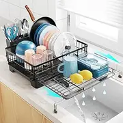 Dish Drying Rack, Extendable Dish Rack, Large Capacity Dish Drainer Rack for Kitchen Counter, Dish Racks with Drain Board, Drainage Spout and Cutlery Holder Black