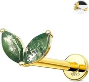 [Jewseen] 925 Sterling Silver Cartilage Earring Water Grass Agate Tragus Helix Conch Piercing Jewelry Moss Agate Lip Labret Ring Internally Threaded Stud Earring for Women Men