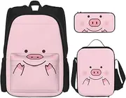[StOlmx] 3 Pcs Set Backpack,Waterproof Bookbag, Insulated Lunch Bag & Pencil Case Pouch, Travel,Hiking,Cute Pig Print, Cute Pig, One Size