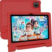 NRKDUBQ Kids Tablet, 10.1 inch IPS HD Touchscreen Android 14 64 GB Storage, 8GB RAM, Octa Core Tablet for Kid with Kid-Proof Case, Parental Controls, 12-hr Battery, WiFi, GPS – Red