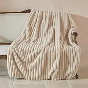 [Amélie Home] Faux Fur Throw Blanket for Couch, Cozy Fuzzy Fluffy Fur Luxurious Soft Striped Plush Gift Blankets for Family Sofa Chair Bed Living Room Bedroom, 55"x70", Beige