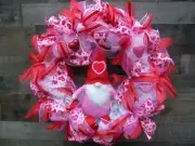 Pink Red Gnome Valentine's Day Deco Mesh Front Door Wreath with Hearts