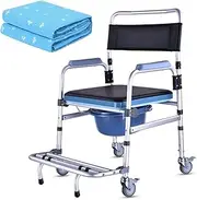 Mobile Bedside Commodes Shower Chair with Removable Pot Mobile Toilet Folding Pedal Commode Wheelchair Comfortable Waterproof for Elderly Disabled (with Incontinence Pad) B(A)