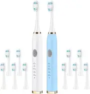 Rechargeable Sonic Toothbrush Bundle for Oral Care, 2 Pack Toothbrush Electric for Adults, 10 Toothbrush Heads Replacement, 5 Modes, Smart Timer, 2 Hours Charge for 60 Days (Blue&White)