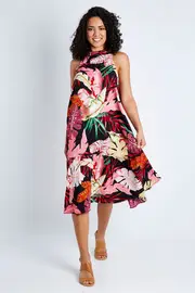 Leaf Print Halter Neck Dress--THRE-34633