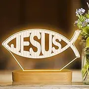 Jesus Fish Shape 3D Night Light, Attivolife LED Wooden Illusion Optical Warm Color Table Lamp, Best Room Decoration Birthday Christmas Religious Christian Commemorate Presents for Women Man Friend