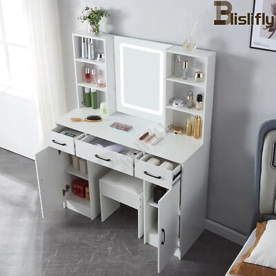 Dressing Table Stool Set Makeup Mirror with LED Light Strip Storage Cabinet Desk