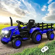MAZAM Kids Ride On Tractor W Detachable Trailer, Kids Ride On Car with Remote Control, Built-in Songs, Bluetooth and USB Port, Blue