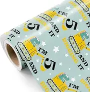 WRAPAHOLIC 5th Birthday Wrapping Paper Roll - Mini Roll - 17 Inch x 33 Feet - Adorable Dinosaurs Driving Digger Design, Perfect for Birthday, Baby Shower, Party, Holiday