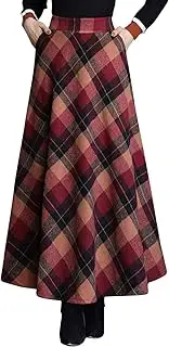 Flygo Women's Winter Warm Wool Plaid A-Line Pleated Midi Long Skirt Back Elastic