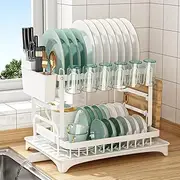 stusgo 2 Tier Large Dish Drying Rack, Rustproof Dish Racks for Kitchen Counter, Dish Drainer with Sticky Plate Rack, Collapsible Stainless Steel Dish Rack (White)