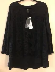 taking shape 20 Black Silver Burnout Floral Spot Long Slv Top NWTGS