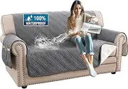 [Smarcute] 100% Waterproof Couch Cover for Living Room Sofa Protector 2 Seater from Pets/Dogs Sofa Cover Non-Slip Furniture Covers for Sofa with Elastic Straps (2 Seat,Grey/Beige)