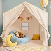 Kids Play Tent, Large Kids Playhouse with String Lights and Flag Garland, Bed Tent with 2 Windows, Machine Washable Reading Nook, Indoor & Outdoor, JoyHut Cove for Girls & Boys, 52x35x51 in, Beige