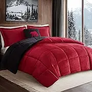 Woolrich Reversible Comforter Set Ultra Soft Plush to Sherpa, Down Alternative, Cold Weather Winter Warm Bedding, with Matching Sham, Decorative Pillow Red/Black Twin 3 Piece