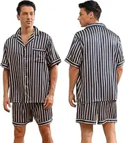 [LANMAIGUO] Men's Silk Satin Pajama Sets,Button-Down Loungewear,V-Neck Mens Pj Sets with Pocket M-XXL