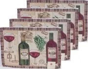 Set of 4 Tapestry Placemats,13"x19",WINE & GRAPES,2BOTTLES,2GLASSES&GRAPES #2,HC