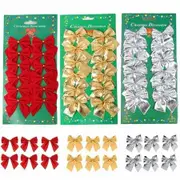 36 Pcs Christmas Bows Ornaments for Christmas Tree Ribbon Glitter Bow Hanging Decorations, Party Home Wreaths Gift Wrapping Red + Gold + Silver