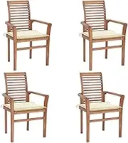 Dining Chairs 4 pcs with Cream Cushions Solid Teak Wood Patio Chair