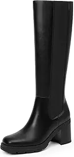 [QIY] Knee High Boots Women Chelsea Platform Chunky Boots Slip on Faux Leather Square Toe Fall Long Tall Boots for Women