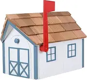 Amish Cedar Roof Wooden Mailbox with Window & Door Trim (White with Wedgewood Blue Trim)