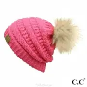 C.C. Ribbed Knit Beanie Hat Candy Pink with Taupe Pom Women's One Size