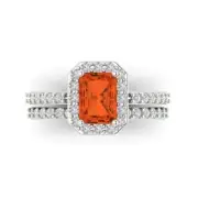 2.20ct Emerald Cut Halo Red Stone Ring Band bridal Set 14k White solid Gold